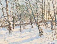 Charles Neal, View to Orchard Winter, oil on panel