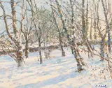 Charles Neal, View to Orchard Winter, oil on panel
