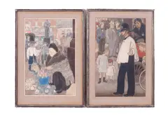Powys Evans, Street Scene with a Flower Seller and, watercolours
