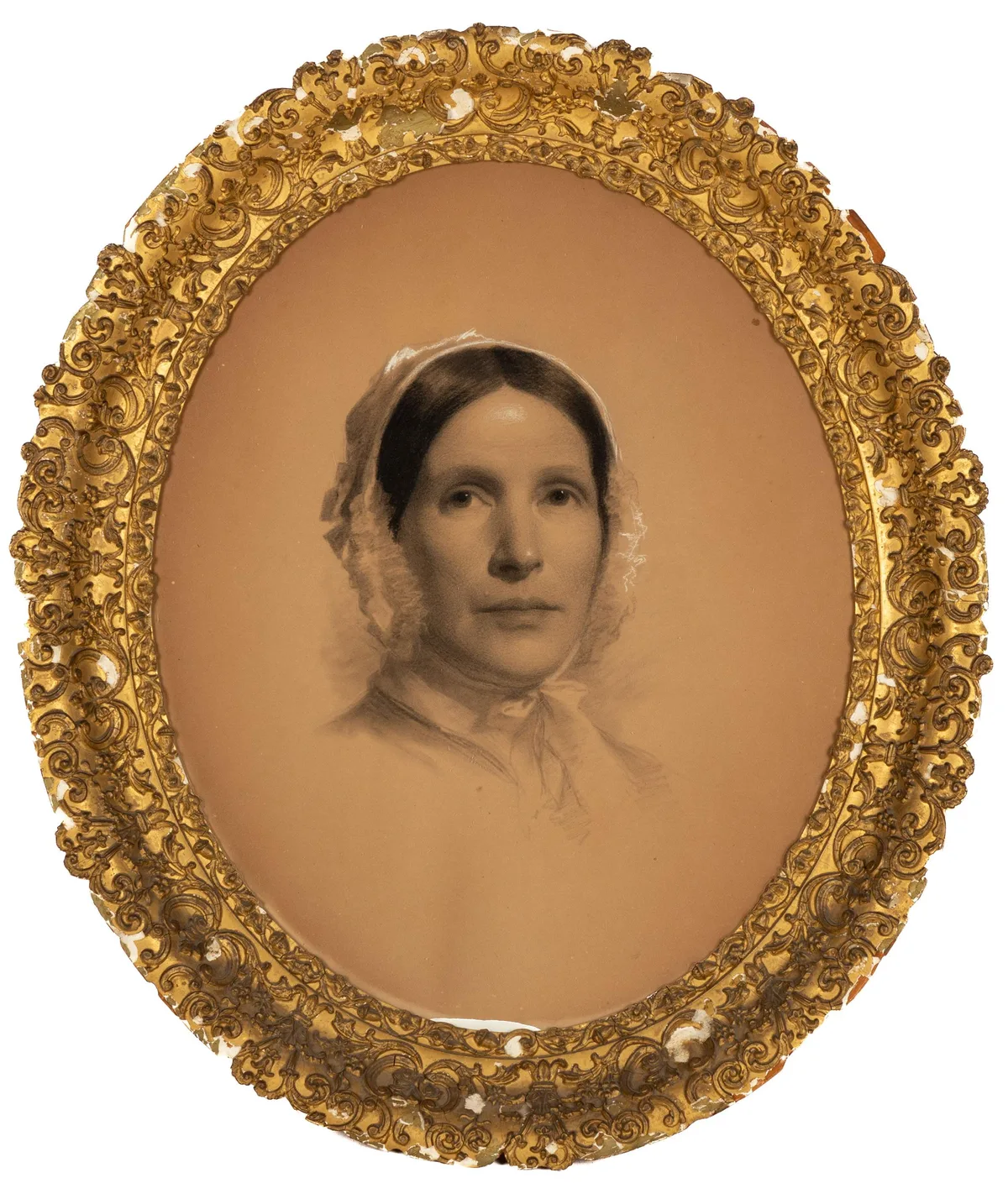 Attributed Eastman Johnson, Portrait of a Woman, circa 1850, Charcoal and white chalk on tan paper
