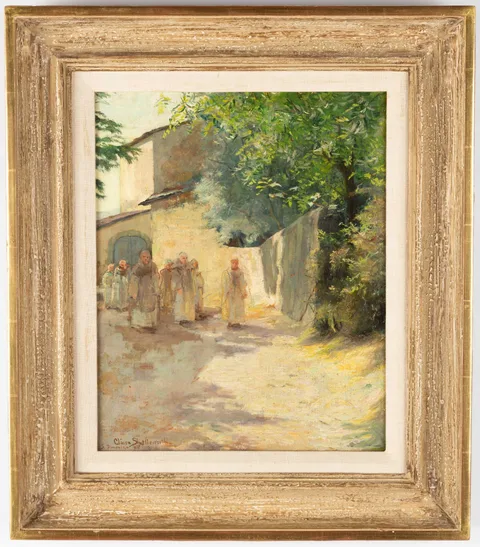 Claire Shuttleworth, Monastery Courtyard with Monk, Oil on canvas board