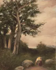 James Alfred Aitken, Woman Gathering a Bundle of Sticks, Oil on Board