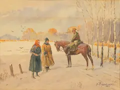 Stephan Pajaczkowski, Uhlan Meeting Travelers on a Winter Road, 1959, Watercolor on Wove Paper