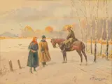 Stephan Pajaczkowski, Uhlan Meeting Travelers on a Winter Road, 1959, Watercolor on Wove Paper