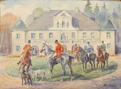 Stephan Pajaczkowski, Fox Hunters at a Country Estate, 1957, Watercolor on Wove Paper