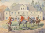 Stephan Pajaczkowski, Fox Hunters at a Country Estate, 1957, Watercolor on Wove Paper