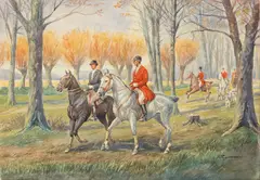 Stephan Pajaczkowski, Fox Hunters in a Wooded Field, circa 1950, Watercolor on Wove Paper