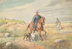 Stephan Pajaczkowski, Polish Hunters on Horseback with Their Dogs, 1955, Watercolor on Wove Paper