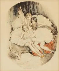 István Prihoda, Scene of Five Ballerinas Doing Makeup, Color Etching on Paper
