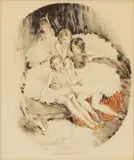 István Prihoda, Scene of Five Ballerinas Doing Makeup, Color Etching on Paper