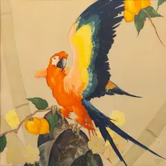 Stark Davis, Blue Macaw, Hollywood Regency Offset Lithograph