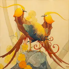 Stark Davis, Golden Phesants, Hollywood Regency Offset Lithograph