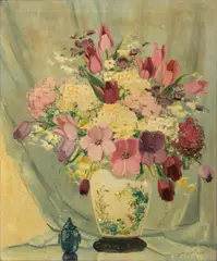 Joseph Lane, Still Life Tulips And Hydrangeas in Vase, Oil on Canvas