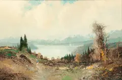 Willi Bauer, Landscape with Lake And Figures, 1960, Oil on Canvas