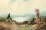 Willi Bauer, Landscape with Lake And Figures, 1960, Oil on Canvas