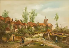 Etienne Bellan, Village with Thatched Cottages, 1940, Oil on Canvas