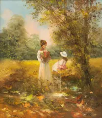 Madjid, Two Girls in Summer Flower Garden, Oil on Canvas