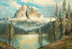 Heinz Münnich, Untitled, Oil on Canvas Mountain And Lake Landscape