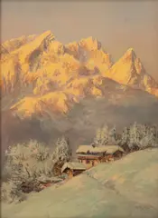 Wilhelm Neumayer, Winter Scene, Snow And Mountains, Oil on Board