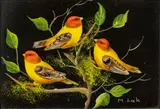 Maria Lak, Birds Perched on a Branch, Oil on Masonite