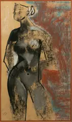 Andrea Smith, Standing Nude Female, Ink And Pastel on Beige Wove Paper