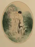 Louis Icart, Untitled, Drypoint Etching in Colors on Paper, 1928, "Listen (écouté)"