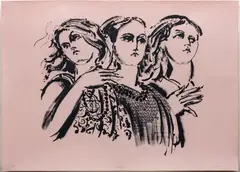 Lester Johnson, Untitled, Serigraph on Pink Paper, Ca. 1985, "Three Girls"