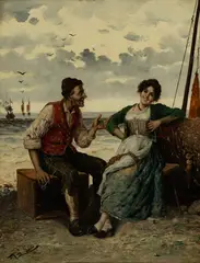 Frederick Reginald Donat, Untitled, Oil on Cradled Panel, "The Matchmaker at the Coast"