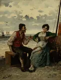 Frederick Reginald Donat, Untitled, Oil on Cradled Panel, "The Matchmaker at the Coast"