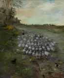 Sally Brant Kriner, Untitled, Oil on Canvas, Ca. Later 20th C., "Tending the Sheep"
