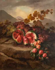 George Henry Hall, Untitled, Oil on Canvas, 1866, "Still Life with Watermelon, Grapes & Flowers"