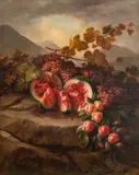 George Henry Hall, Untitled, Oil on Canvas, 1866, "Still Life with Watermelon, Grapes & Flowers"