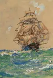 Montague Dawson, Untitled, Gouache & Ink on Paper, 1949, "Untitled (Black Hulled Clipper Ship)"