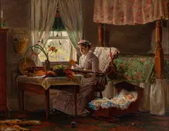 Edward Lamson Henry, Untitled, Oil on Board, Ca. 1880s, "Knitting with Baby"