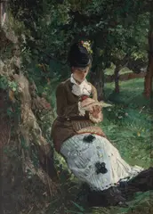 Félix-Joseph Barrias, Untitled, Oil on Beveled Mahogany Panel, "Woman Writing Under a Tree"