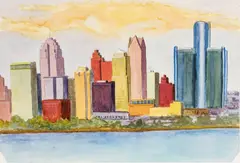 Richard Mayhew, Untitled, Watercolor on Thick Wove Paper 1997, "Detroit Skyline from the Detroit River"