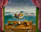 Edgar Yaeger, Untitled, Oil on Panel, 1976, "Still Life Flowers, Fruit, Green Wall"