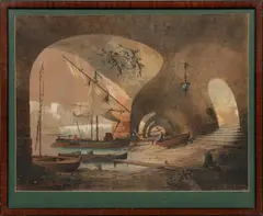 Paul Graeb, Untitled, Watercolor And Gouache on Paper, Ships Docked Below a Bridge