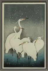 Ohara Koson, Untitled, Woodblock Print on Paper, Ca. 1957-1989, "Five White Egrets in Snow"