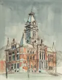 Milton Kemnitz, Untitled, Watercolor And Ink on Paper, 1973, "Washtenaw County Building (Court House)"