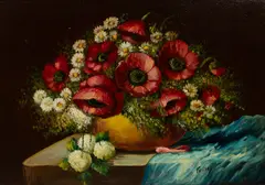 Victor Perard, Untitled, Oil on Board, Floral Still Life of Poppies And Daisies