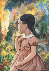 Warner Kreuter, Untitled, Gouache on Paper, Pondering Girl