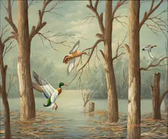 Mark Paul Elliott, Untitled, Oil on Canvas 20th C., "Ducks in Flight"