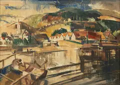 Zoltan Sepeshy, Untitled, Tempera on Board 1938, "Village on the Danube"