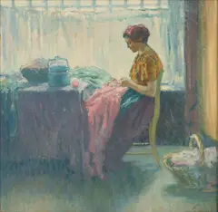 Myron G. Barlow, Untitled, Oil on Canvas, Young Woman Darning Clothes