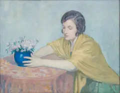 Myron G. Barlow, Untitled, Oil on Canvas "Flower Arranging"