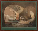 Paul Graeb, Untitled, Watercolor And Gouache on Paper, Ships Docked Below a Bridge