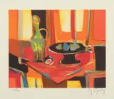 Marcel Mouly, Untitled, Lithograph in Colors on Wove Paper, "Carafe Verte Et Compotier"