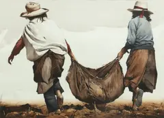 Luis Pantigozo, Untitled, Watercolor & Ink on Paper, 1989, "Gathering Potatoes"