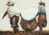 Luis Pantigozo, Untitled, Watercolor & Ink on Paper, 1989, "Gathering Potatoes"